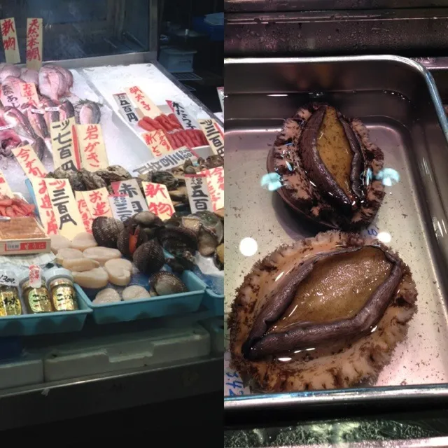 Snapdishの料理写真:Fresh seafood sashimi at a Japanese market, includes clams, abalone, scallops, crabs etc|Sarah♡さん