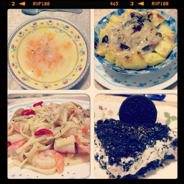 Snapdishの料理写真:4 course meal; carrot onion soup, baked vege, seafood aglio olio, Oreo ice cream cake|Sarah♡さん