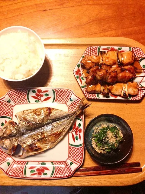 焼鳥、鯵干物、ほうれん草お浸し|ゆう子さん