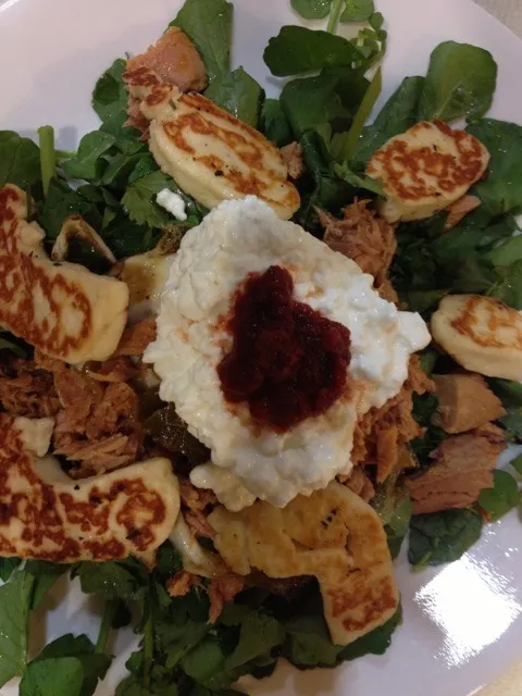 Watercress, tonno, an egg, grilled halloumi, cottage cheese and harissa.|christinaさん