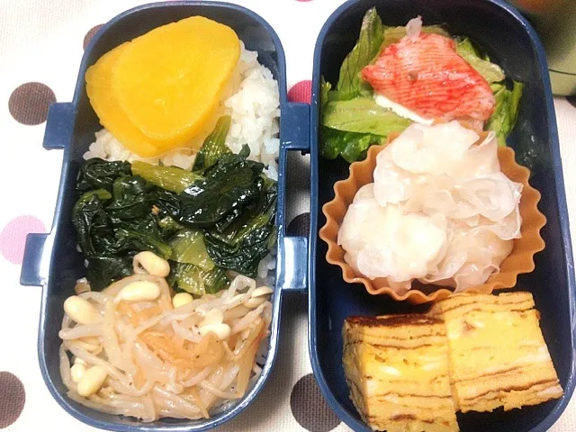 Snapdishの料理写真:小6男子塾弁当                               ナムル、シュウマイ、卵焼き、白菜のみそ汁、他|Takayukiさん