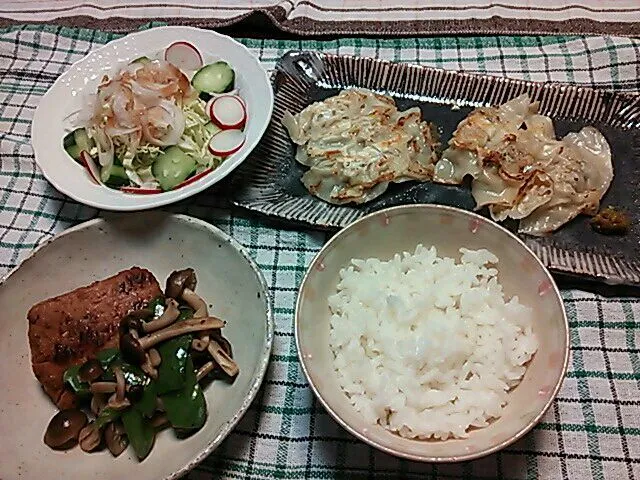 鮭の味噌漬け焼きと餃子とサラダ|はんにゃたろうさん