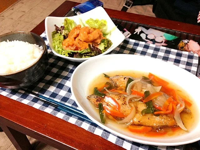 カレイの野菜あんかけ、海老マヨとサラダ|ハルさん