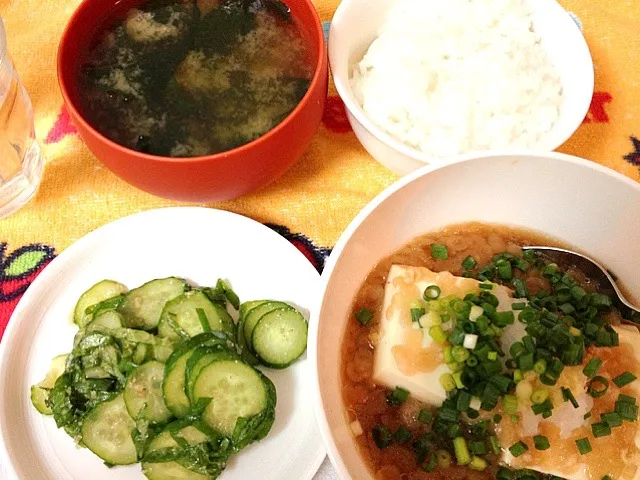 簡単揚げ出し豆腐
きゅうりと青じその胡麻酢和え
ご飯
わかめの味噌汁|こなつさん