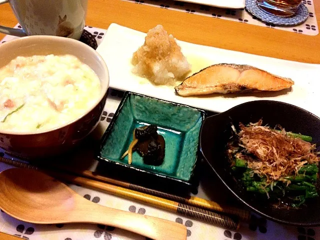 風邪気味なので鶏の中華粥定食(｡-_-｡)|めんこさん