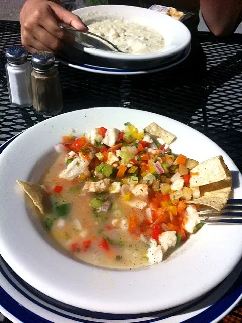 Snapdishの料理写真:Seafood ceviche and clam chowder|irene Carranzaさん