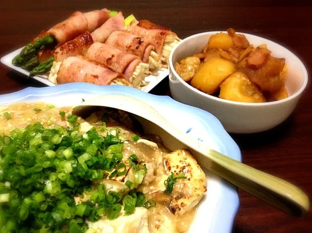 麻婆豆腐、じゃがいものベーコン煮、えのきベーコン、アスパラベーコン|大くんママさん