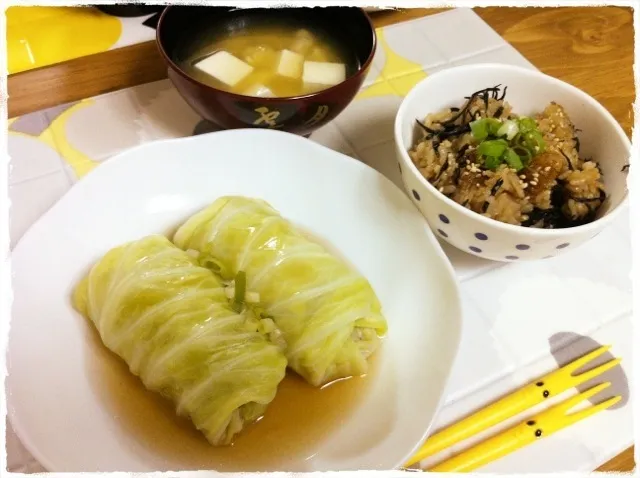 餡かけロールキャベツとひじきの炊き込みご飯。妊婦ごはん（＾Ｏ＾）|あだむさん