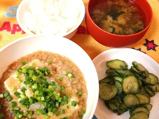 簡単揚げ出し豆腐
きゅうりと青じその胡麻酢和え
ご飯
わかめの味噌汁|こなつさん