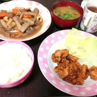 唐揚げ＊煮物＊玉ねぎとワカメの味噌汁|ちびまいちゃんさん