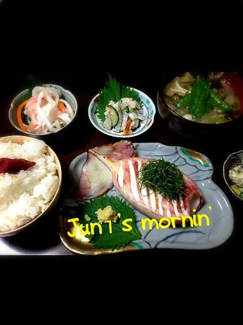 Snapdishの料理写真:ぷりっぷりのイカ焼き・炊き立てふっくらご飯🍚・酢の物・わさび漬け・具沢山お味噌汁|中さんさん