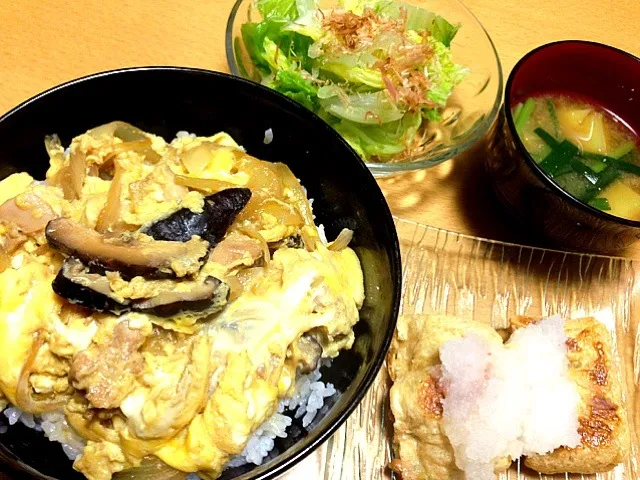 Snapdishの料理写真:親子丼✨お揚げの納豆包み 大根おろしがけ✨白菜のお浸し✨お味噌汁✨(母作)|いのまた りいさん