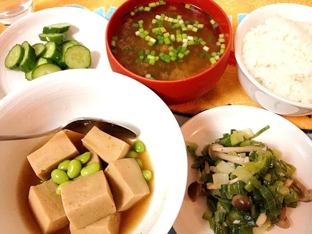 高野豆腐の柚子胡椒あんかけ
ネギしめじ
きゅうりの浅漬け
ご飯
万能ネギの味噌汁|こなつさん