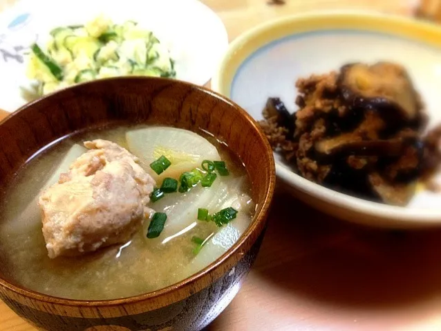 レンコン入り鶏団子汁&ひき肉と茄子の味噌炒め&ポテトサラダ|ポテキさん