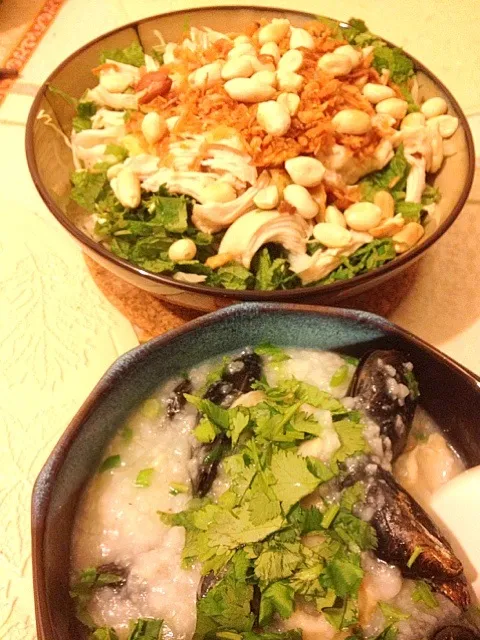 Seafood congee and chicken salad with ginger sauce|genko choutamaさん