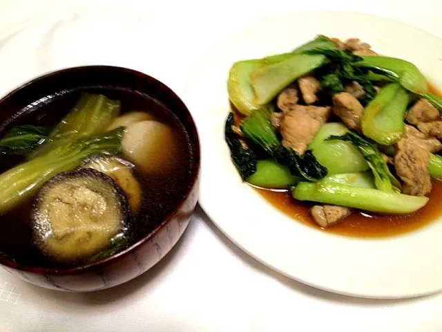 チンゲン菜と豚肉の炒め物、山芋と茄子とチンゲン菜のスープ|ちこさん