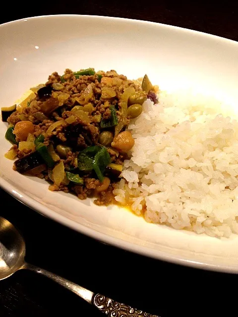 今日もまためちゃ時間がなかったので、挽肉とお豆、ナス、ピーマンのカレーのみ！サラダもなし！ｆ (^^;|rina matsunagaさん