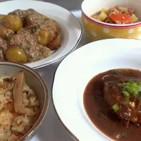 松茸ご飯、鯖の味噌煮、じゃがいものそぼろあんかけ、ちゃんちゃん焼き|aikoりんさん