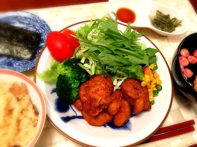 夕飯〜唐揚げ 舞茸炊込みご飯 海ぶどう〜|美羽さん