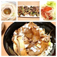 Snapdishの料理写真:豚バラとキノコのオイスター炒め丼/車麩の煮浸し/キンピラのお好み焼き風/サーモンマリネ/|takeshiさん