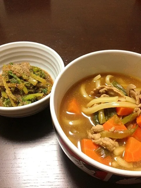 カレーうどん、わさび菜のごま和え|まゆさん