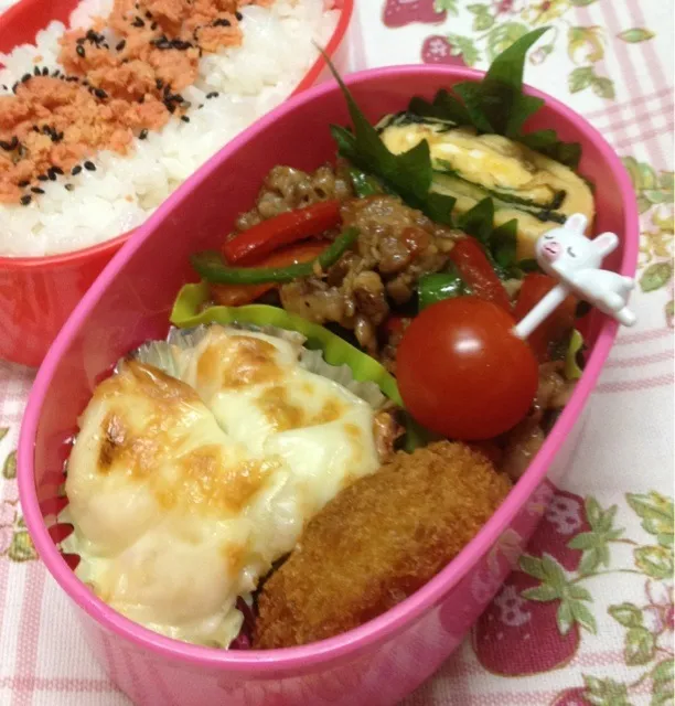 今日のお弁当は、、ピーマンと豚肉の炒め物・グラタン・シソ巻き玉子焼き・コロッケ|kokoさん