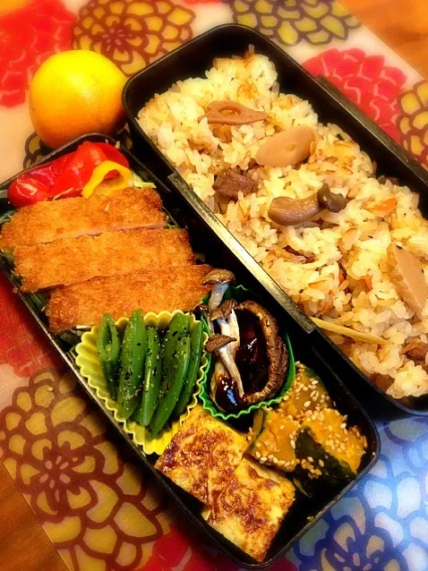 Snapdishの料理写真:鶏五目おこわとトンカツ弁当♪|まりさん