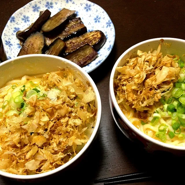 釜玉うどん、焼きなす|まゆさん