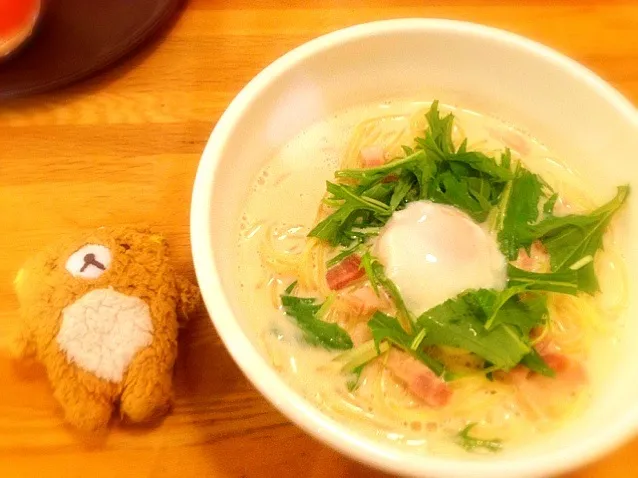 Snapdishの料理写真:ポポラマーマの豆乳カルボナーラスープパスタ🍝|ちょこ。さん