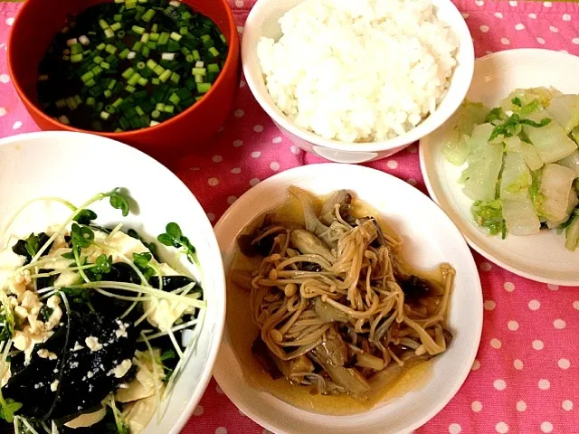 大根のトロトロスープ
豆腐とワカメのサラダ
きのこのマリネ
白菜のナムル
ご飯|こなつさん