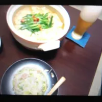 Snapdishの料理写真:もつ鍋ANDネギ焼飯|ウフフさん