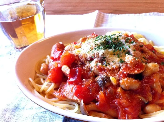 ウィンナーとお豆のトマトソースパスタ|いちごさん