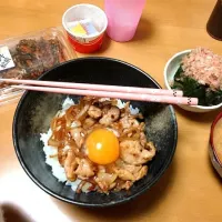 Snapdishの料理写真:豚丼、ほうれん草のお浸し、玉ねぎと豆腐の味噌汁|みあちょもさん