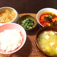 鶏肉と野菜のトマトソース煮、キャベツと豆腐の味噌汁、冬瓜の鶏そぼろあん、小松菜のマヨポン和え、ごはん|しほさん