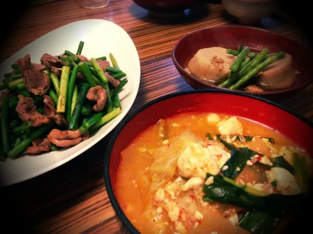 砂肝大蒜の目炒め♡京芋といんげんの煮物♡豆腐と野菜の味噌汁、とうがら塩麹入り|mieko matsuzakiさん