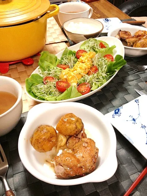 今日のおゆうはん☆ローストチキンと、かぼちゃと卵のサラダ、オニオンスープ☆|ゆき☆さん