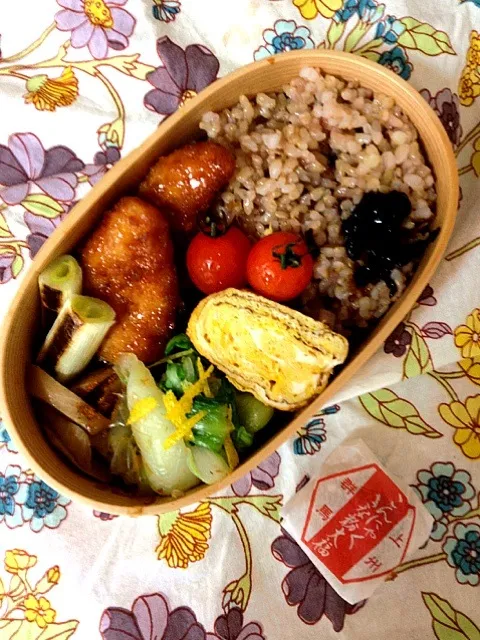 今日のおべんと。卵焼き、チキンカツ（生協の冷食）、白菜と青梗菜のゆずびたし、里芋のきんぴら、焼葱、わさびこんぶ。おやつのこんにゃくきな粉大福。先週、「しばらく甘味控える！」って言ったの食べた後に思い出したー。|nozomi tsujiさん