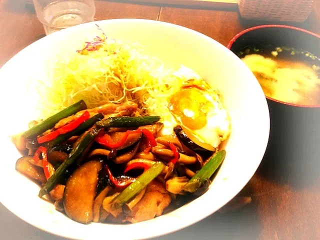 ナスと鳥肉のオイスター炒め丼|もちづき みきさん