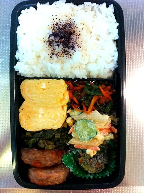 Snapdishの料理写真:11/16のお弁当  マカロニサラダ、ハンバーグ、ピーマンと人参の炒め物、大根の葉炒め、ほうれん草のお浸し、出し巻き|由紀子さん