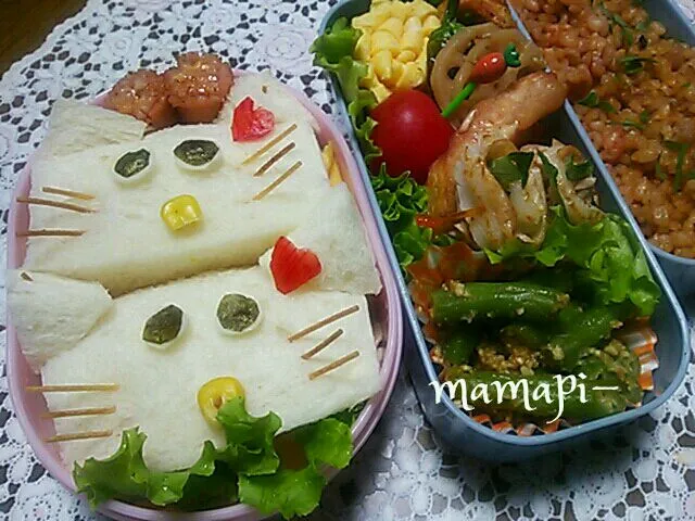 Snapdishの料理写真:おはようごじゃります(^-^ゞ娘っち学校&塾弁当☆サンドウィッチに顔でﾋｹﾞをつける段階でﾊﾟｽﾀにした途端ｷﾃｨ～ちゃんでは無くなったな(笑)……ネズミちゃんかな(;A´▽｀A|katumi  ueharaさん