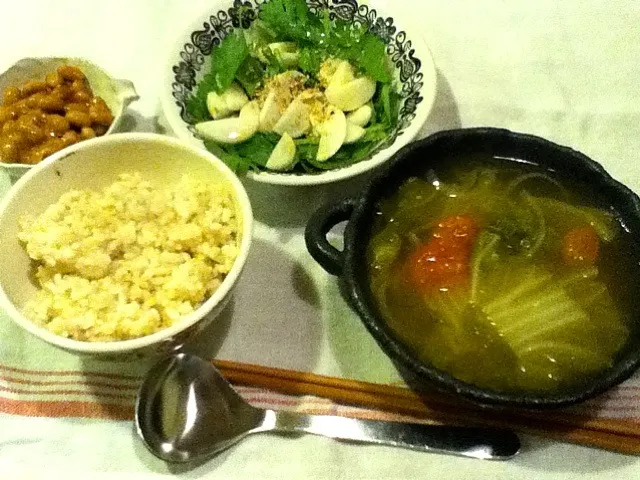 晩ご飯:白菜とトマトのスープ 春菊とカブのサラダ 納豆 玄米ごはん|ヤマモトショウコさん