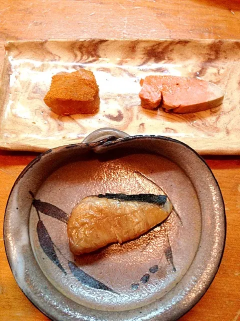 さわら燻製ずけ あおなのカラスミ風味 あん肝味噌つけ|くにひとさん