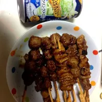 焼き鳥、お酒、晩ご飯