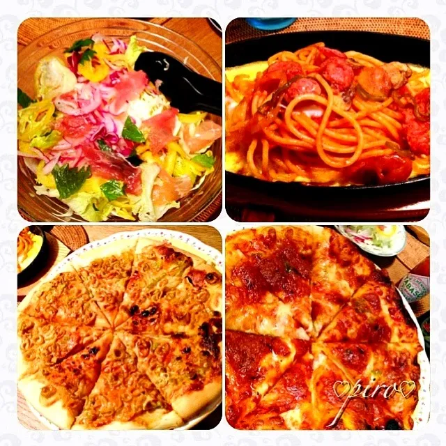 🍕マルゲリータピザ🍕クララちゃんの葱ピザ🍝鉄板ナポリタン 生ハムサラダ Raw ham and salad. Neapolitan spaghetti griddle. Margherita pizza. Leek pizza.|ピロさん