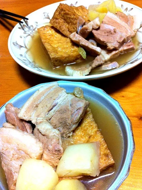 Snapdishの料理写真:本日のおつまみおかず♪豚バラとじゃがいもの煮物風鍋|あられさん