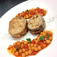 シュリンプと蓮根のはさみ焼き ひよこ豆のトマト煮添え|mackychanさん