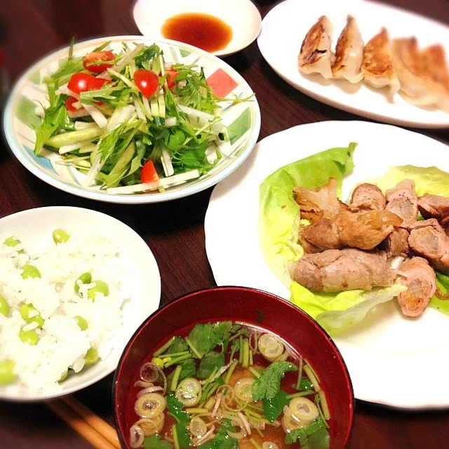 大根のぶた肉巻~お味噌風味~   肉餃子 枝豆ごはん 薬味たっぷりお味噌汁 サラダ|ゆりさん