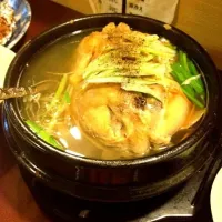 Snapdishの料理写真:神楽坂の居酒屋「鳥竹」さんの参鶏湯。韓国から材料を調達して骨まで食べられるように煮込みます。とにかくスープが美味い！さすが職人。|久保昌之さん