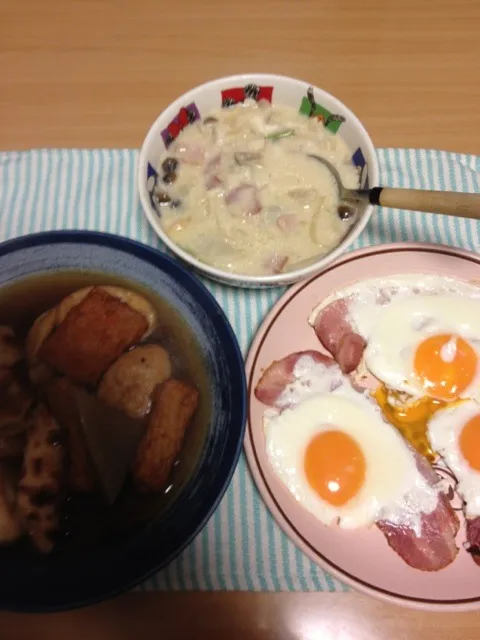 ベーコンエッグ   煮物  昨日の残り(ToT)/~~~のかぶクリーム煮|矢部智恵子さん