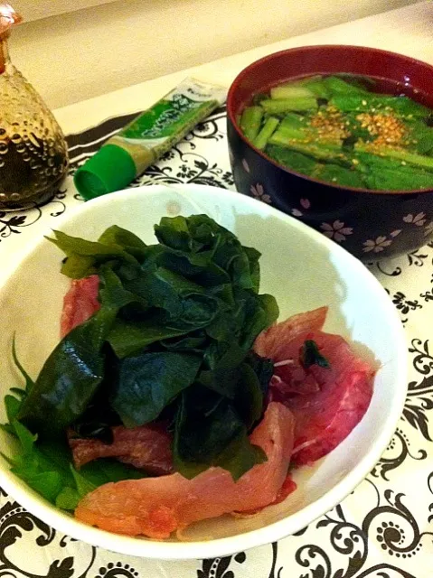 お刺身わかめどばーん！、青梗菜のスープ(ごま油風味)|高崎天子さん